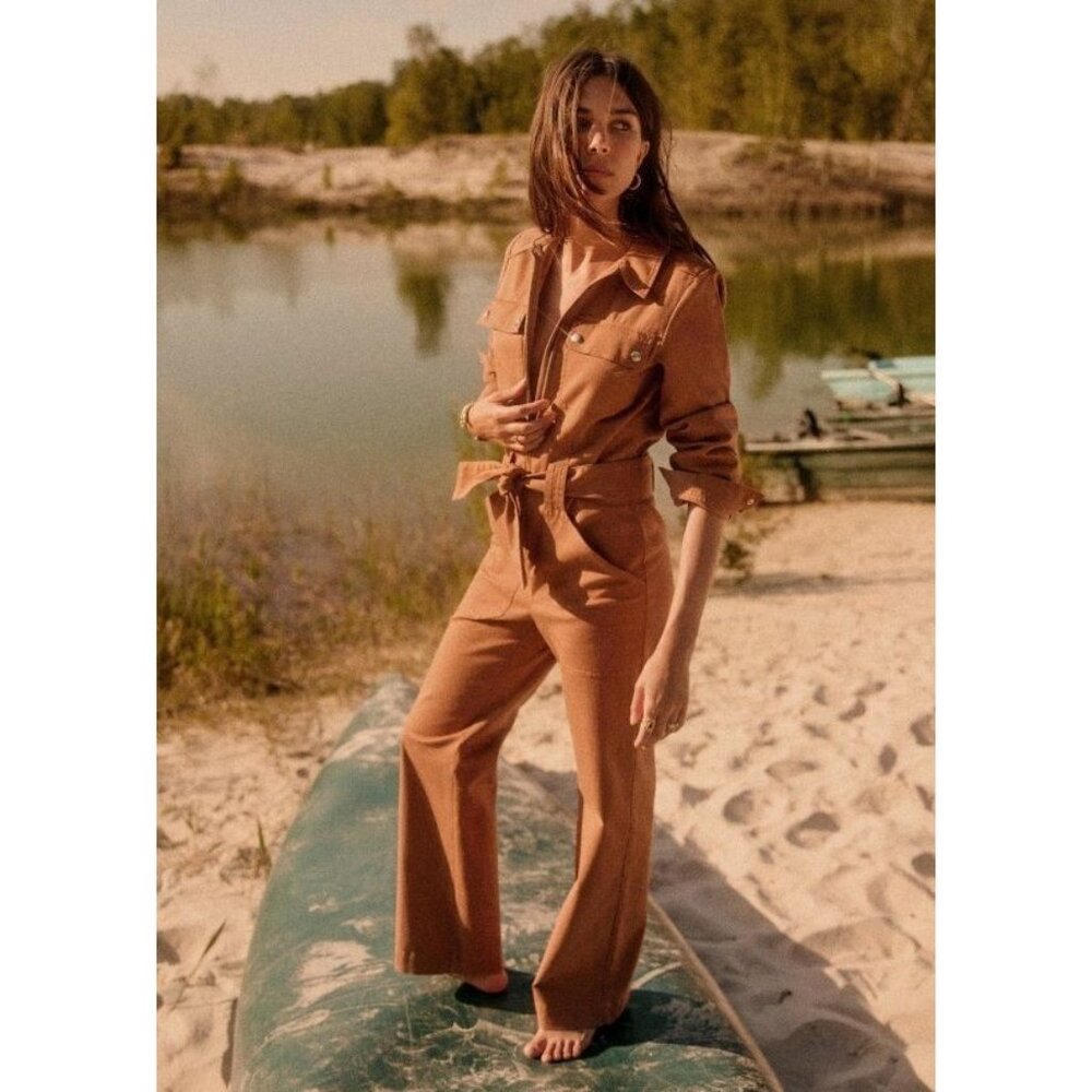 NWT Sezane Roby Jumpsuit in Camel Stretch Cotton Zip Front Coverall 42 / 10